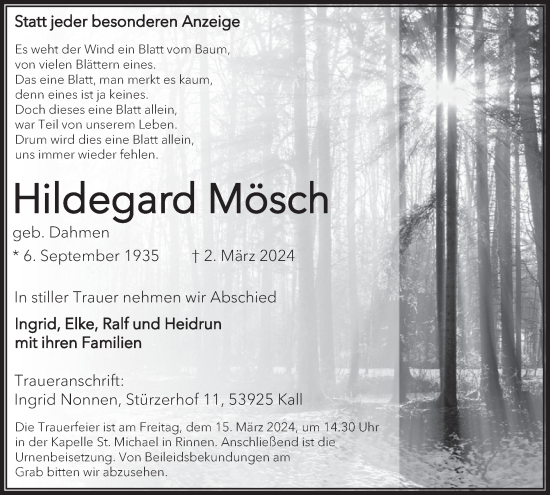 Traueranzeige von Hildegard Mösch von WochenSpiegel