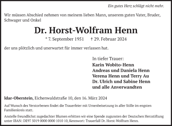 Traueranzeige von Horst-Wolfram Henn von WochenSpiegel