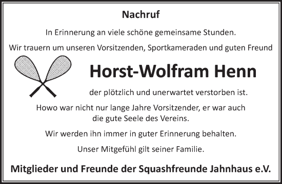 Traueranzeige von Horst-Wolfram Henn von WochenSpiegel