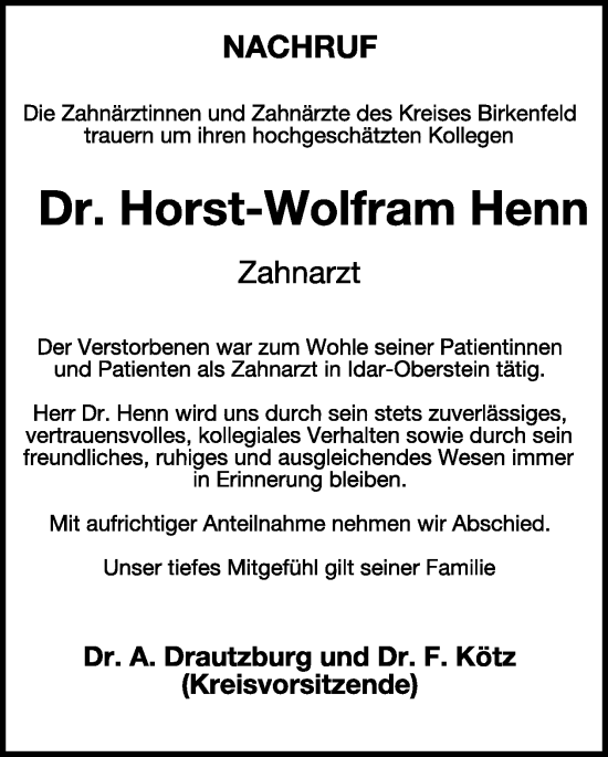 Traueranzeige von Horst-Wolfram Henn von WochenSpiegel