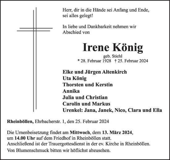 Traueranzeige von Irene König von WochenSpiegel