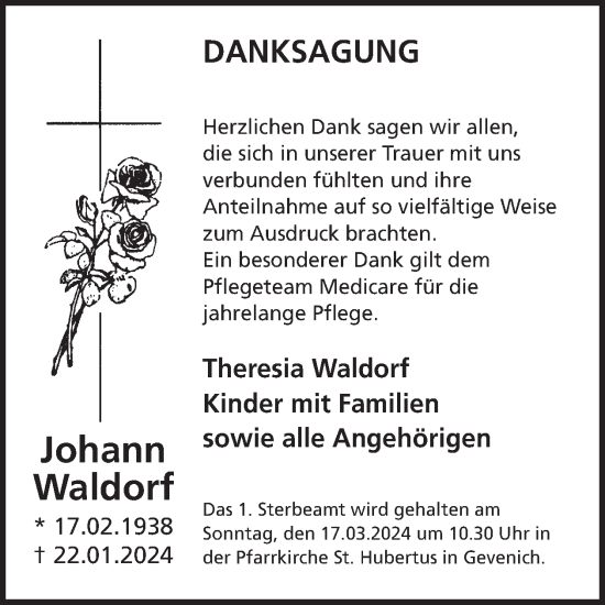 Traueranzeige von Johann Waldorf von WochenSpiegel