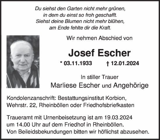 Traueranzeige von Josef Escher von WochenSpiegel