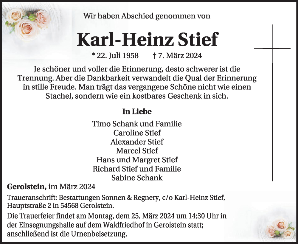  Traueranzeige für Karl-Heinz Stief vom 16.03.2024 aus WochenSpiegel