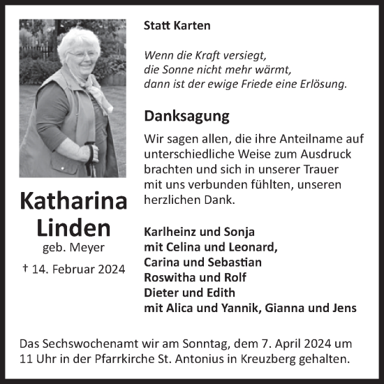 Traueranzeige von Katharina Linden von WochenSpiegel