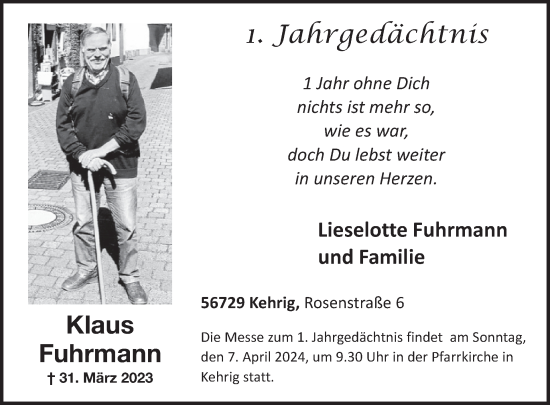 Traueranzeige von Klaus Fuhrmann von WochenSpiegel