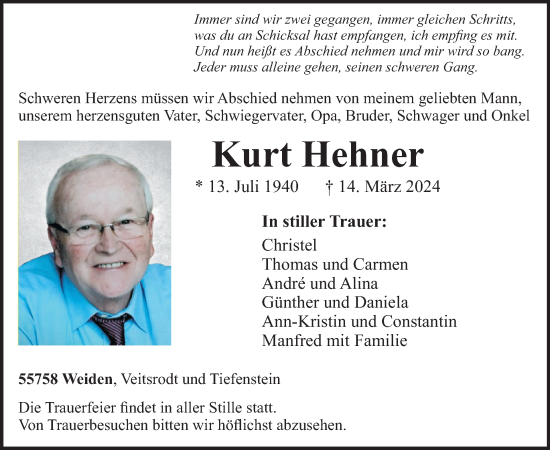 Traueranzeige von Kurt Hehner von WochenSpiegel