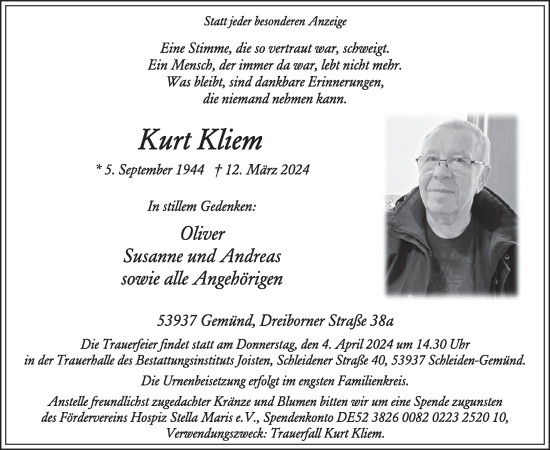 Traueranzeige von Kurt Kliem von WochenSpiegel