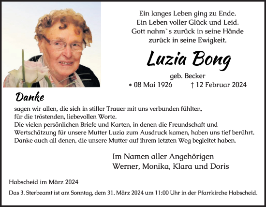 Traueranzeige von Luzia Bong von WochenSpiegel