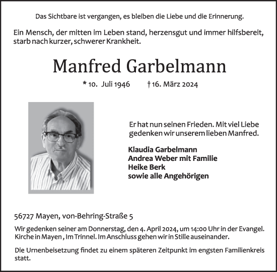 Traueranzeige von Manfred Garbelmann von WochenSpiegel