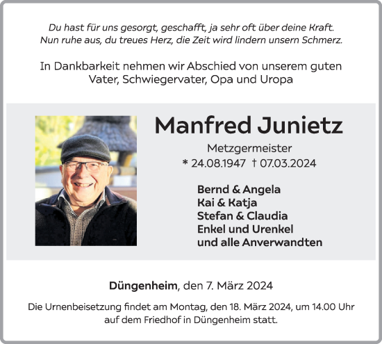 Traueranzeige von Manfred Junietz von WochenSpiegel