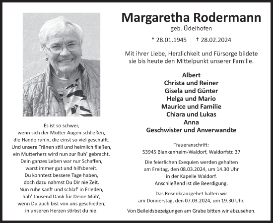 Traueranzeige von Margaretha Rodermann von WochenSpiegel