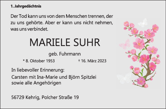 Traueranzeige von Mariele Suhr  von WochenSpiegel