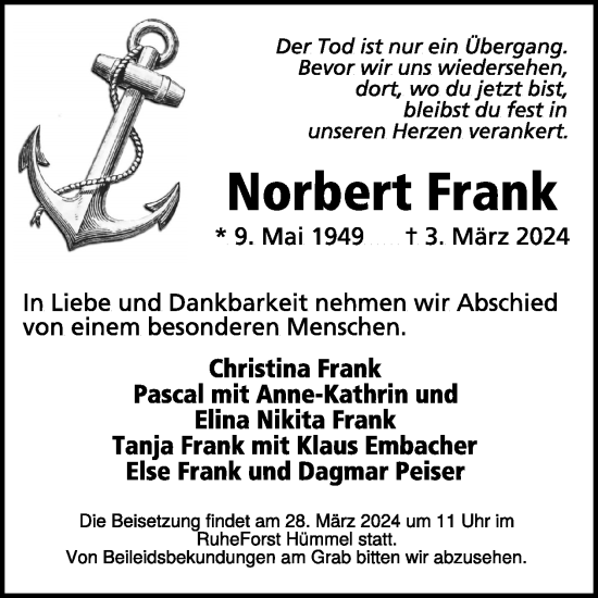 Traueranzeige von Norbert Frank von WochenSpiegel