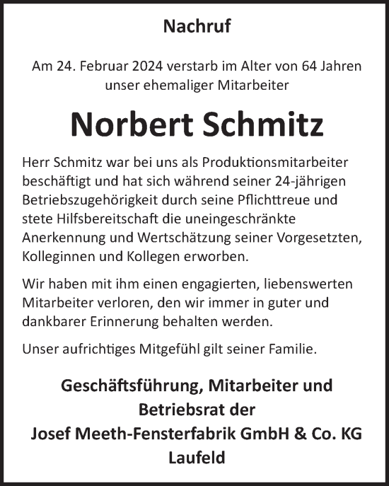 Traueranzeige von Norbert Schmitz von WochenSpiegel