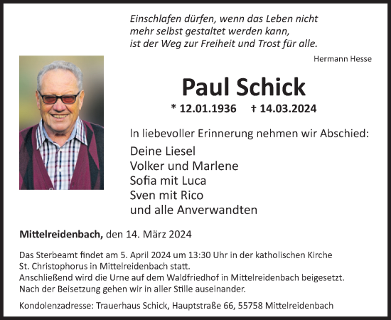 Traueranzeige von Paul Schick von WochenSpiegel