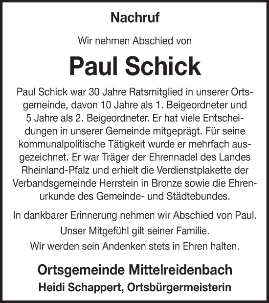 Traueranzeige von Paul Schick von WochenSpiegel