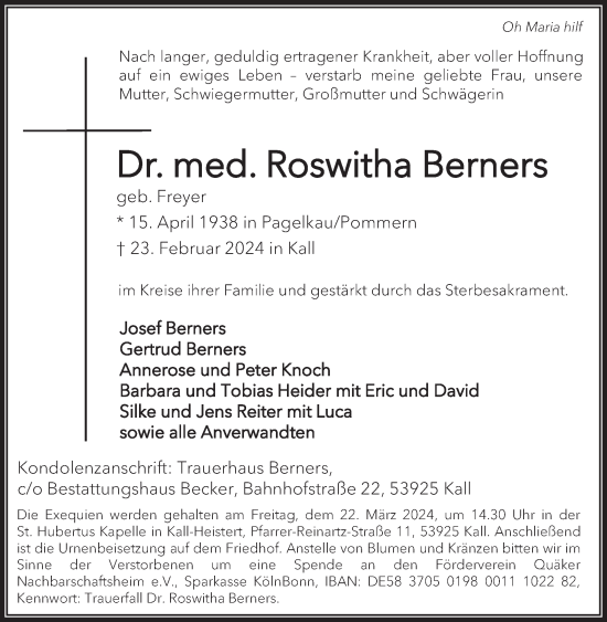 Traueranzeige von Roswitha Berners von WochenSpiegel