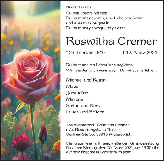 Traueranzeige von Roswitha Cremer von WochenSpiegel