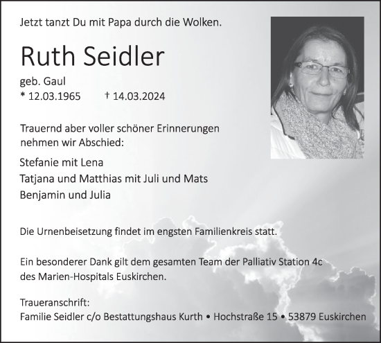 Traueranzeige von Ruth Seidler von WochenSpiegel