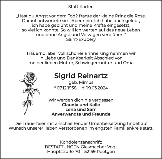 Traueranzeige von Sigrid Reinartz von WochenSpiegel