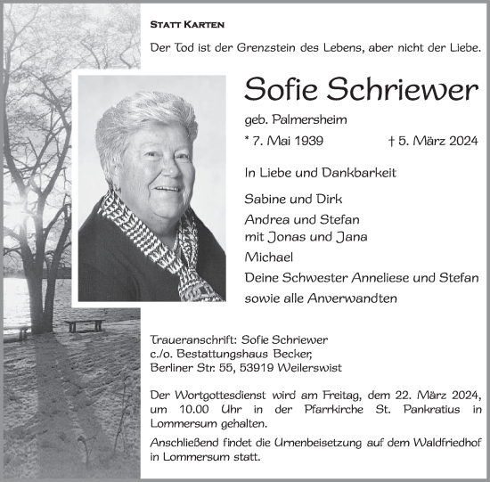 Traueranzeige von Sofie Schriewer von WochenSpiegel