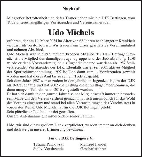 Traueranzeige von Udo Michels von WochenSpiegel