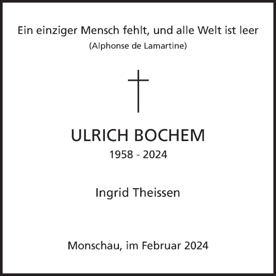 Traueranzeige von Ulrich Bochem von WochenSpiegel