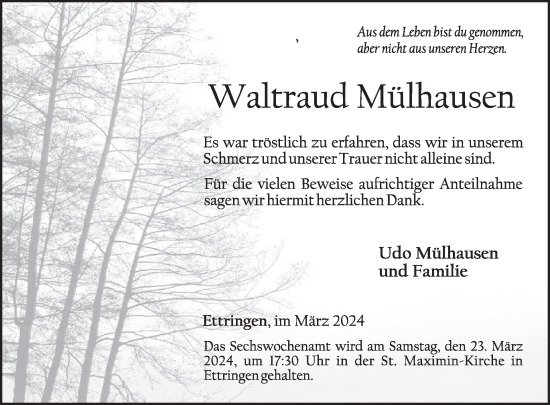 Traueranzeige von Waltraud Mülhausen von WochenSpiegel