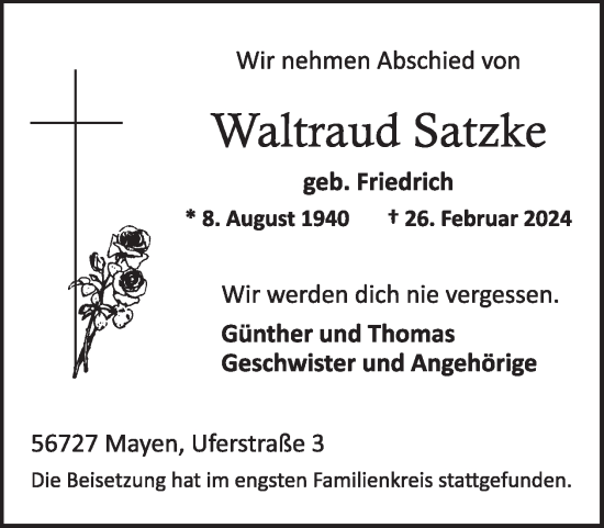 Traueranzeige von Waltraud Satzke  von WochenSpiegel