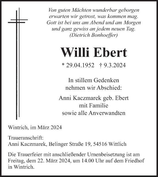 Traueranzeige von Willi Ebert von WochenSpiegel