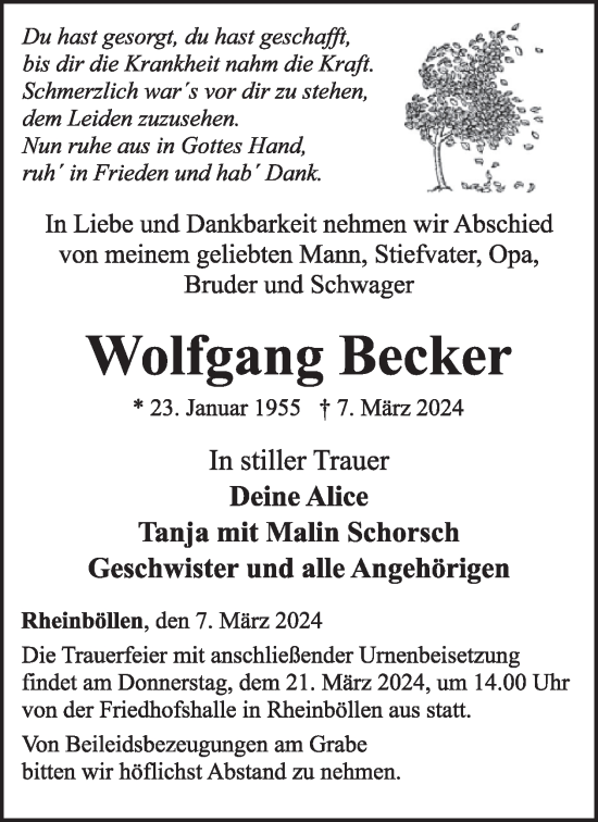 Traueranzeige von Wolfgang Becker von WochenSpiegel