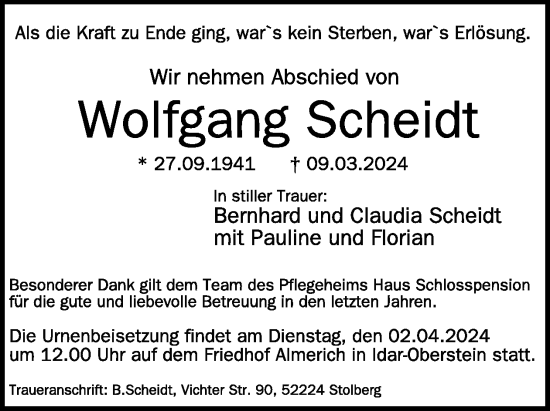 Traueranzeige von Wolfgang Scheidt von WochenSpiegel