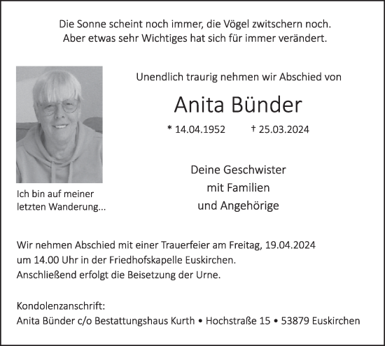 Traueranzeige von Anita Bünder von WochenSpiegel