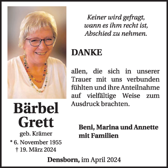 Traueranzeige von Bärbel Grett von WochenSpiegel