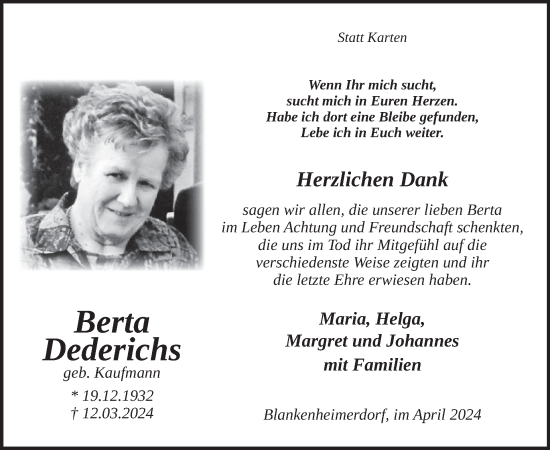 Traueranzeige von Berta Dederichs von WochenSpiegel