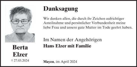 Traueranzeige von Berta Elzer von WochenSpiegel