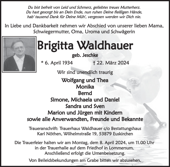 Traueranzeige von Brigitta Waldhauer von WochenSpiegel