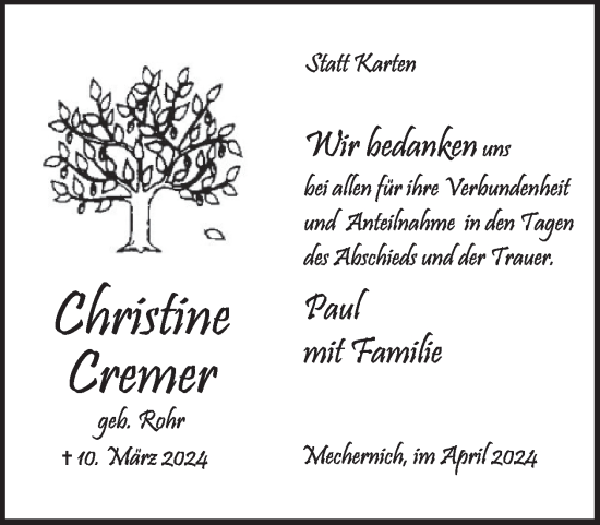 Traueranzeige von Christine Cremer von WochenSpiegel