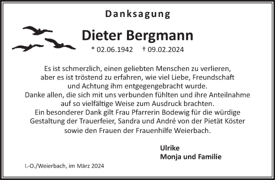 Traueranzeige von Dieter Bergmann von WochenSpiegel