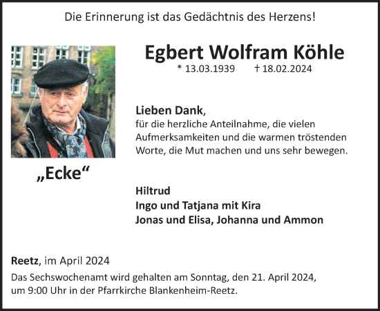 Traueranzeige von Egbert Wolfram Köhle von WochenSpiegel