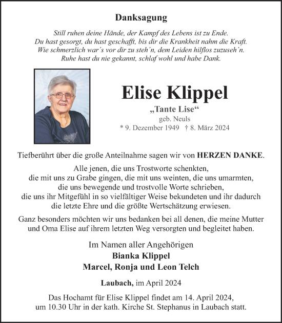 Traueranzeige von Elise Klippel von WochenSpiegel