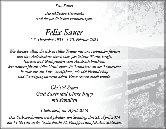 Traueranzeige von Felix Sauer von WochenSpiegel