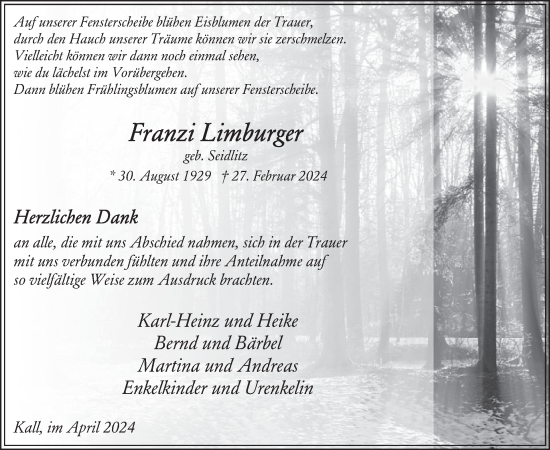 Traueranzeige von Franzi Limburger von WochenSpiegel