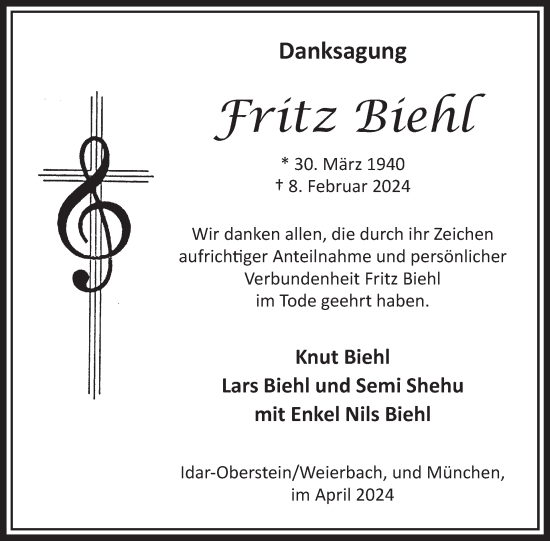 Traueranzeige von Fritz Biehl von WochenSpiegel