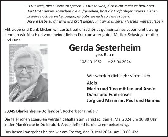 Traueranzeige von Gerda Sesterheim von WochenSpiegel