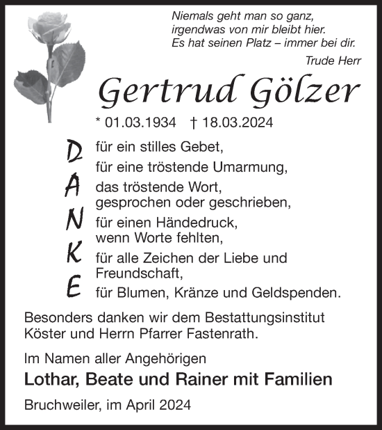 Traueranzeige von Gertrud Gölzer von WochenSpiegel