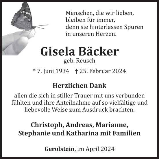 Traueranzeige von Gisela Bäcker von WochenSpiegel