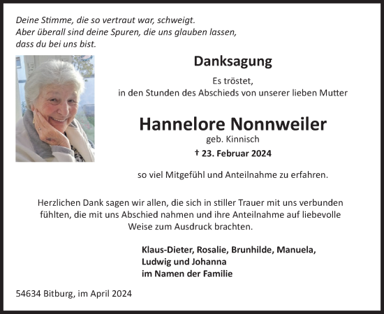 Traueranzeige von Hannelore Nonnweiler von WochenSpiegel