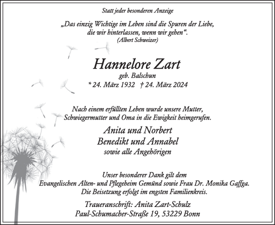 Traueranzeige von Hannelore Zart von WochenSpiegel